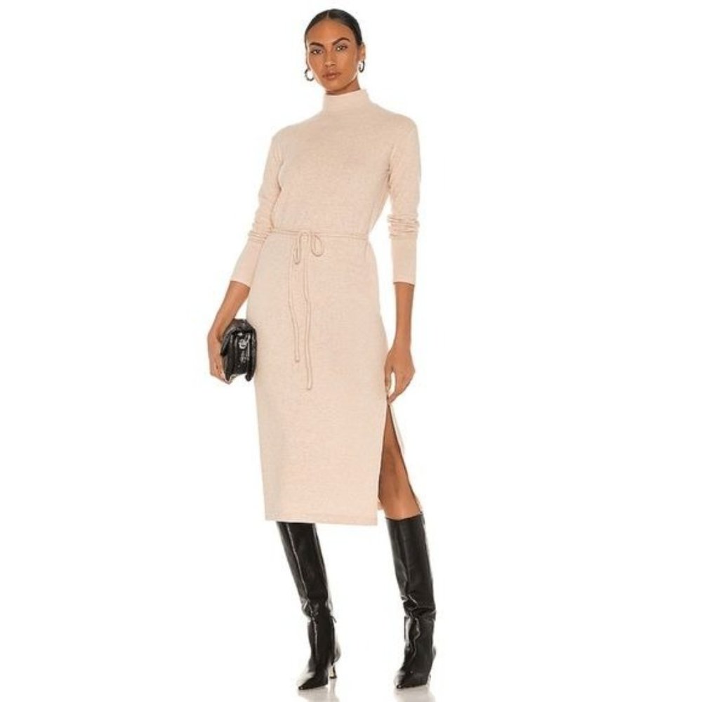 Vince Long Sleeve Mock Neck Knit Turtleneck Midi Sweater Dress Marzipan - Picture 1 of 10